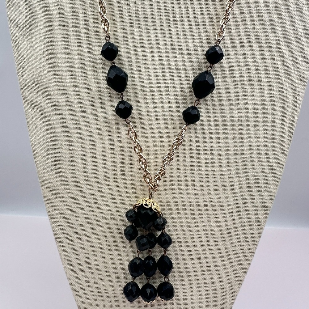 Vintage Y2K Black Faceted Beaded Tassel Necklace Gold Tone Chain Boho Jewelry